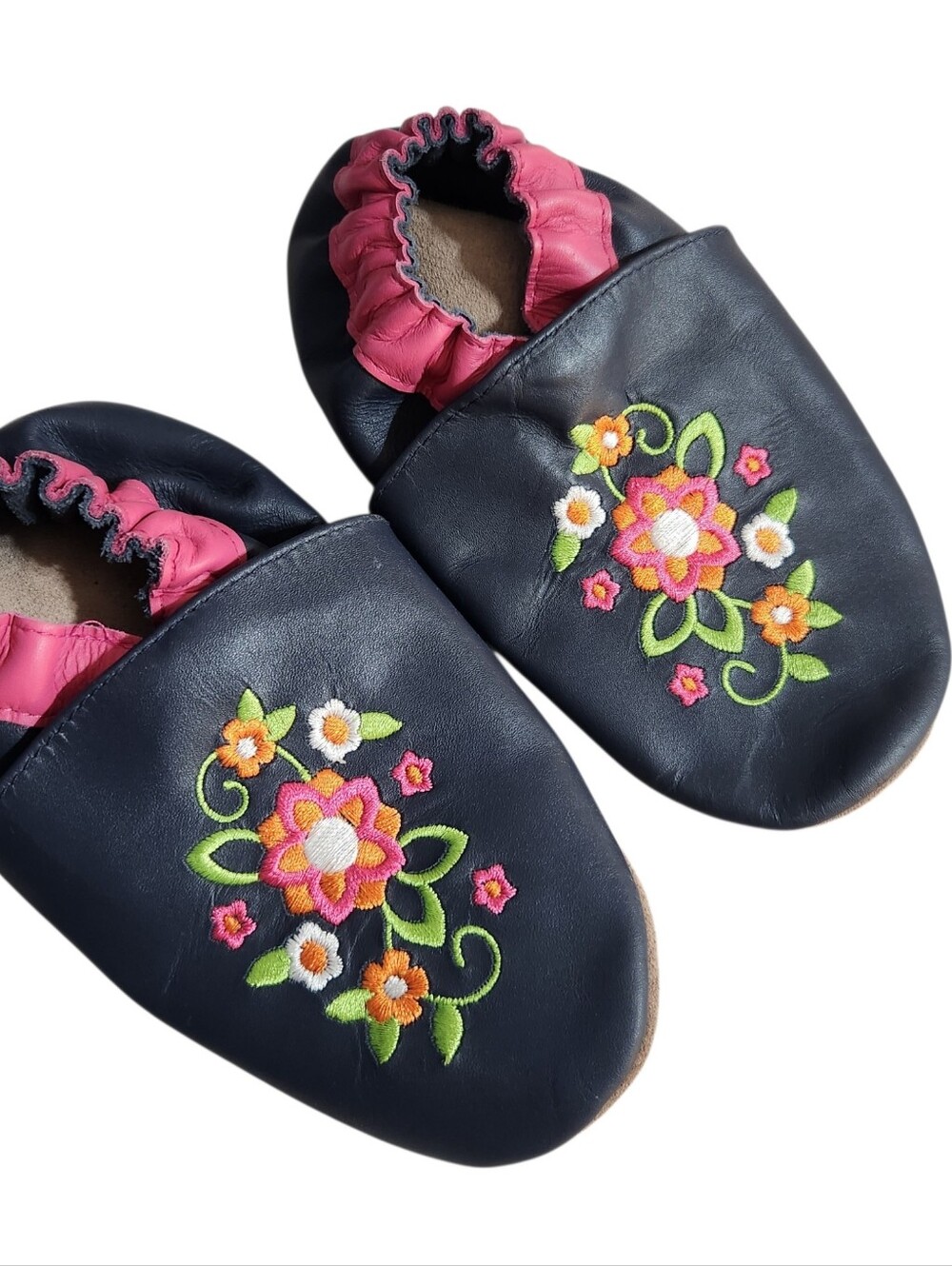 Robeez Leather Slippers Girls Size 3-4 Years Blue Pink Floral Slip On Shoes